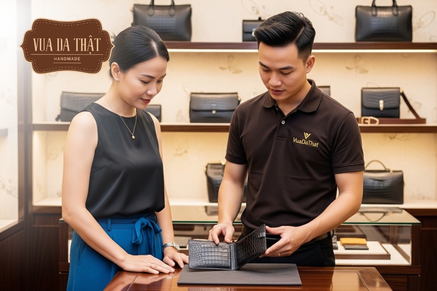 Khi mua ví da cá sấu bạn nên sờ và cảm nhận bề mặt để đánh giá chất lượng