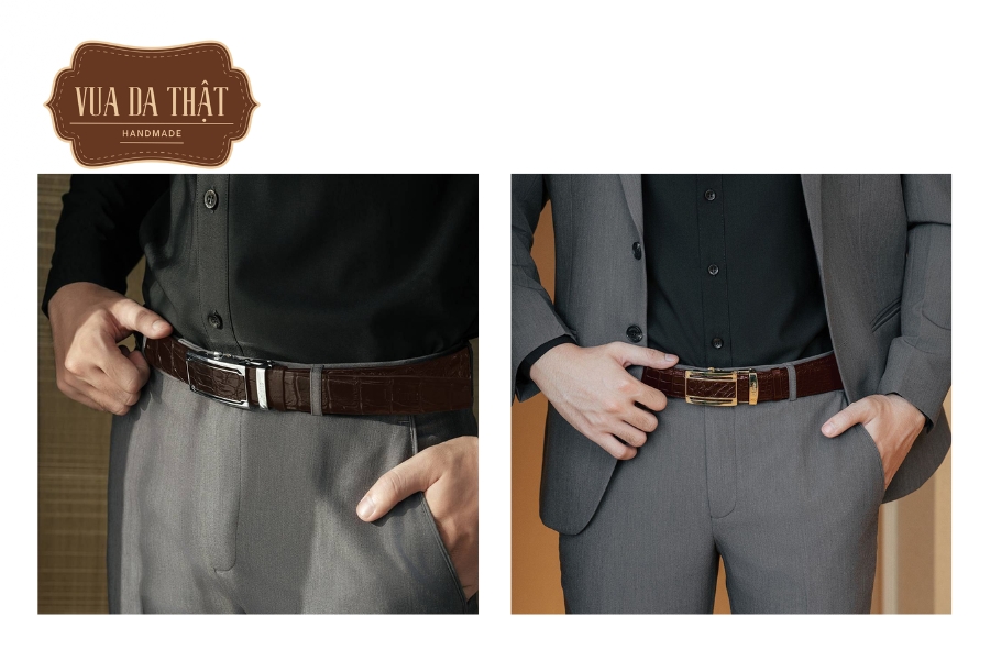 Kết hợp dây nịt da cá sấu màu nâu với bộ vest màu xám để tạo vẻ ngoài lịch lãm và chuyên nghiệp