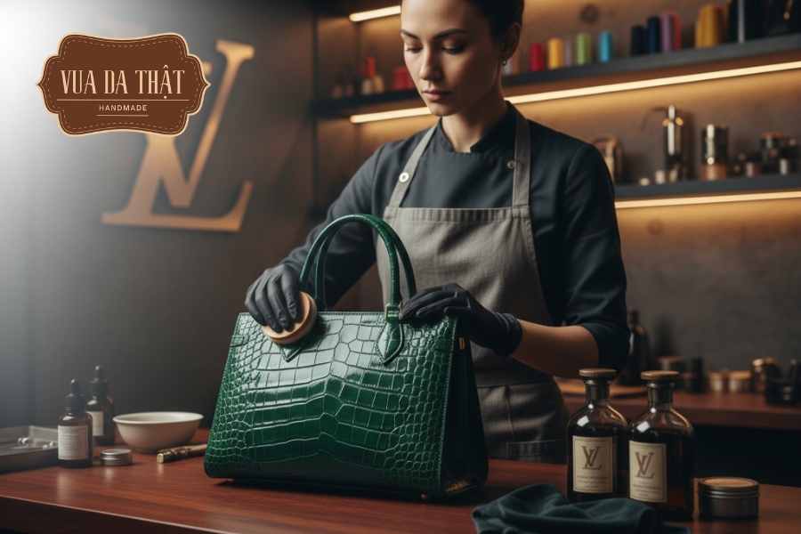 Sử dụng dung dịch chuyên dụng cho da cá sấu để vệ sinh túi xách